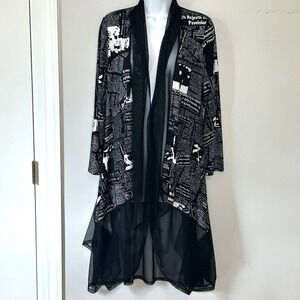 IC by Connie K Jacket M Newsprint Black Tulle Long Art To Wear Open Topper Flowy